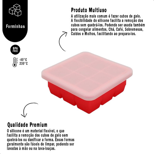 2 Formas De Silicone 9 Cubos Cozinha Com Tampa Drinks Gelo Cor Vermelho