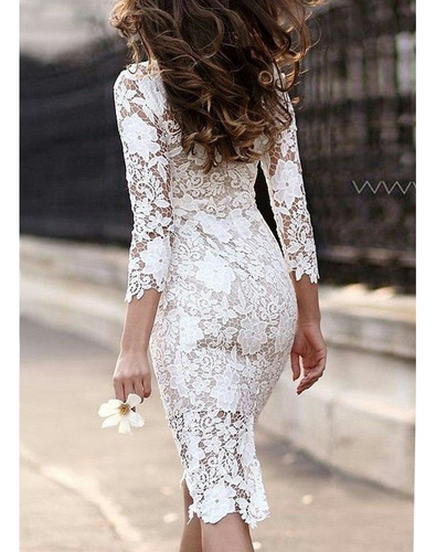 Ch Vestido Tubo Ajustado Encaje Guipur Liso Manga Larga Con