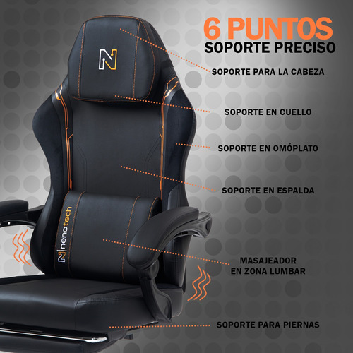 Silla Gamer Plus Ergonomica Masajeador Reposapies Nenotech Naranja Cuero Sintético