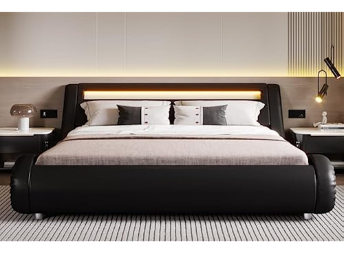 Base Cama Tapizada Con Cabecera C/led King Size Negro
