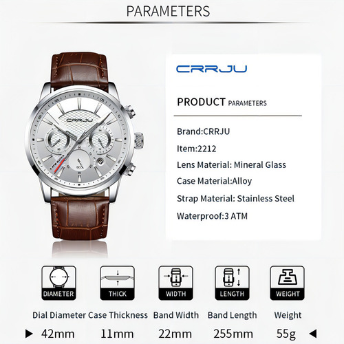 Cronógrafo de couro analógico luminoso Crrju para homens, cor de fundo: preto, prata, preto