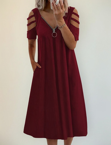 Vestido De Manga Corta Con Cremallera Y Cuello En V De Color