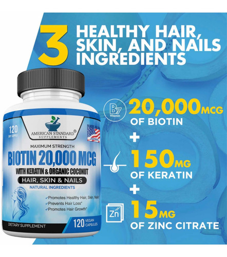 Imagen 3 de 5 de Biotin 20.000mcg Con Keratina, Coco Orgánico Y Zinc Eeuu