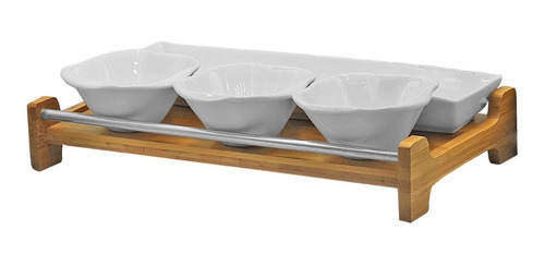 Platon De Servicio Porcelana Con Base De Madera + Salseros