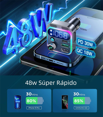 Transmisor Bluetooth Auto 5.3 con Adaptador USB PD 48W - Sistema Dual Micrófono Profesional, Salida AUX Hi-Res Audio, Carga Rápida Simultánea, Compatibilidad Universal para Vehículos