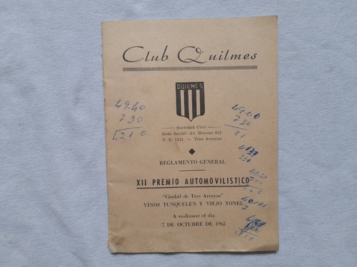 Carrera Autos, Reglamento, 1962, Club Quilmes Tres Arroyos