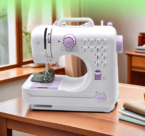 Maquina De Coser Portátil 12 Puntadas C/ Pedal Blanca Y Lila