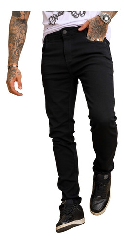 Calça Jeans Preta Masculina Slim Fit Sarja Com Elastano