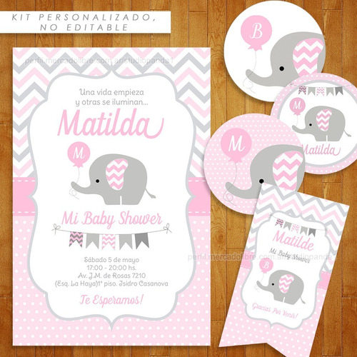 Kit Imprimible Elefante Nena Bautismo Baby Shower Cumpleaños