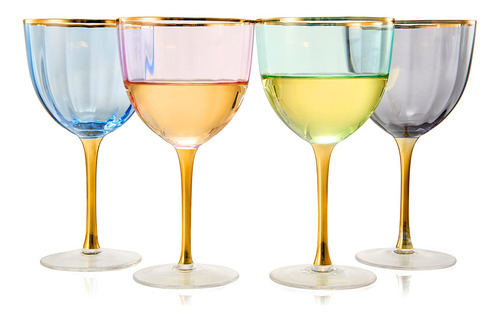 Art Deco - Juego De 4 Copas De Vino De Cristal De Colores, C