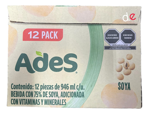Bebida Con 75% De Soya Ades 12 Pz De 946ml C/u Sabor Natural
