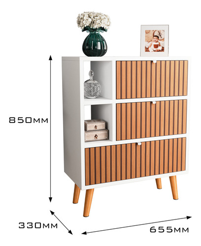 Buffet Aparador 3 Portas Basculante Retro Branco Ripado Pés De PVC 85cm X 65cm X 33cm Jm3 Móveis