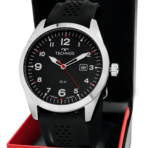 Relógio Masculino Technos Militar 2115tyr/1e Prateado Correia Preto Fundo Preto