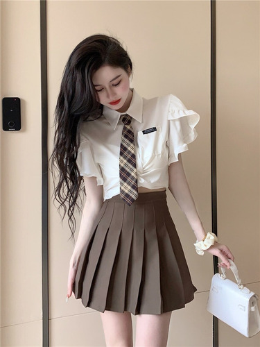 Preppy Mujer Trajes Camisa Blanca Corta Con Lazo Falda Caqui