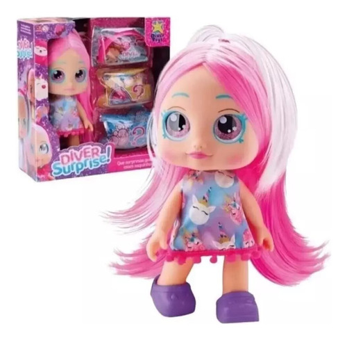 Boneca Diver Surprise Cabelo Rosa Com Acessórios - Divertoys