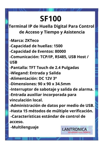 Imagen 2 de 9 de Control Acceso Biométrico Huella Sf100 Zkteco Wiegand Rfid