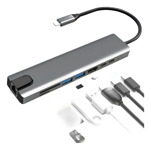 Hub Adaptador 8 Em 1 Usb-c Hdmi Rede P/ Macbook Pro 2018/17 Cor Cinza