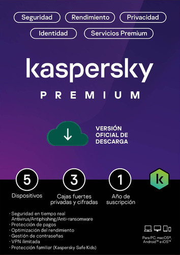 Kaspersky Premium 5 Dispositivos 1 Año Licencia Original