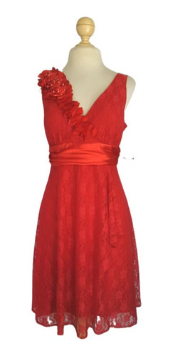 Vestido Midi P/fiesta Aplique Flores Tono Rojo Fuego