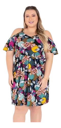 Vestido Curto Feminino Floral Com Mangas Ciganinha Plus Size