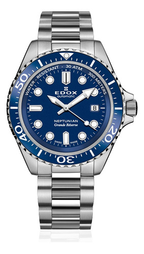 Reloj Edox Neptunian Grande Réserve Date Mod 80801-3bum-buin Correa Plateado Bisel Azul Fondo Azul