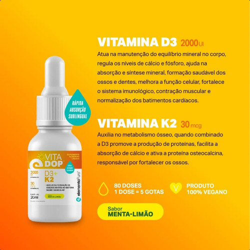 Vitadop D3 + K2 Vitamina D3 Gotas Frasco 20ml Elemento Puro