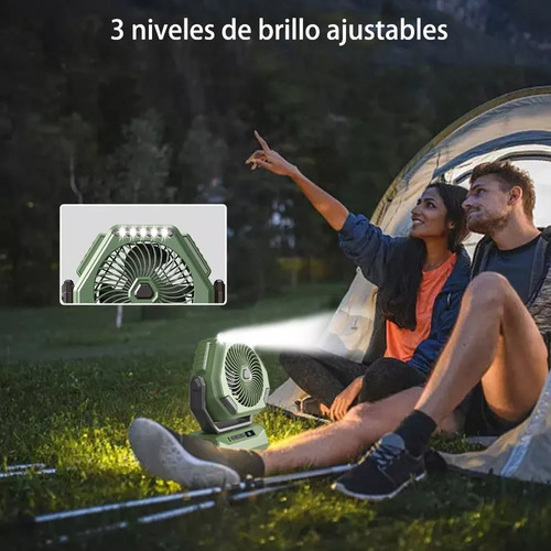 Ventilador De Camping Portátil Recargable Con Luz Led Y Ganc Verde