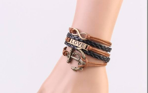 Pulsera De Moda Cuero Trenzado Dije Infinito Love Ancla