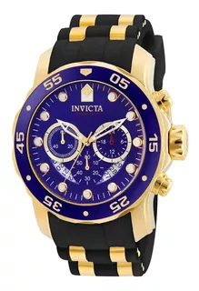 Reloj pulsera Invicta Pro Diver 6983 de cuerpo color oro, analógico, para hombre, fondo azul, con correa de acero inoxidable/silicona color oro y negro, agujas color oro y blanco y rojo, dial blanco y