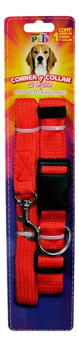 Correa/collar Nylon Grande Para Perros Bandas Reflejantes Color Rojo