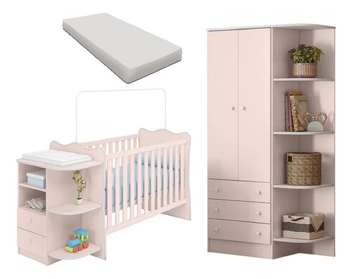 Quarto Infantil Com Berço Cômoda Guarda Roupa Colchão 