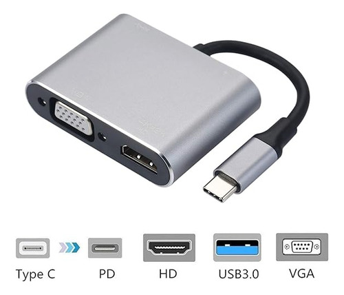 Adaptador Usb Tipo C 4 En 1 A Vga Hd Usb Tipo C Multipuerto