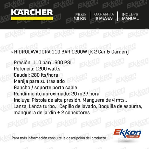 Imagen 2 de 9 de Hidrolavadora Karcher 110 Bar 1200w K2 Car & Garden
