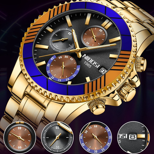 Reloj luminoso Nibosi con calendario cronógrafo para hombre, bisel, color plata y negro