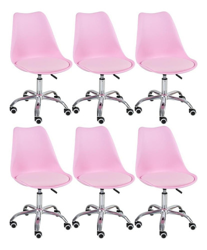 6 X Cadeiras De Rodízios Estofadas Tulipa Escritório Cores Cor Rosa