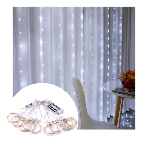 2 Cortinas Led Decorativas Blancas Con Control Remoto, 3 X 3 Color De Las Luces Blanco