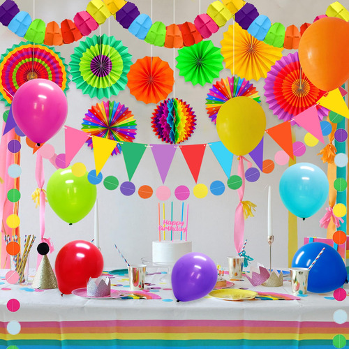 Decoraciones De Fiesta De Arcoiris, Abanicos De Papel Colgan