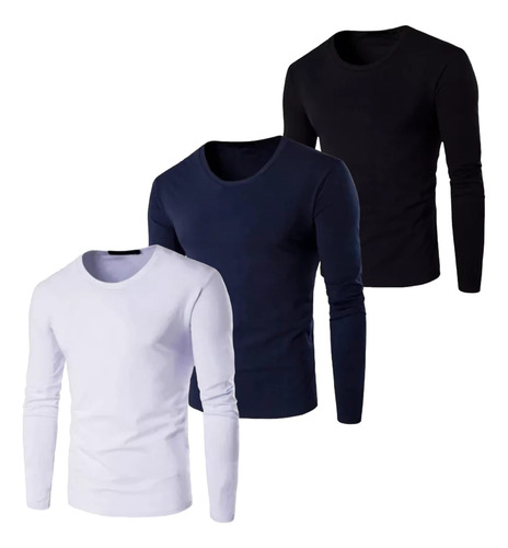 Pack 3 Camisetas Algodón Cuello Redondo Manga Larga Hombre
