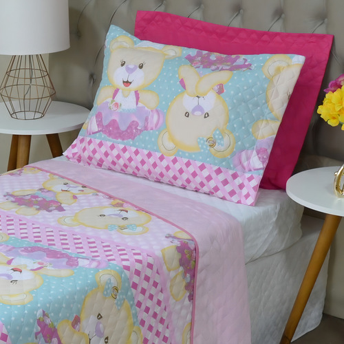 Kit Cobre Leito Infantil Solteiro 2 Peças Dupla Face Cor Rosa Ursa