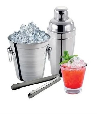 Kit Bar Inox Coqueteleira Balde E Pegador Bedidas Drinks