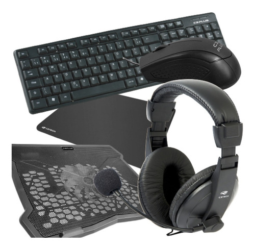 Kit Combo Office 4x1 Teclado Mouse Headset Base P/ Notebook 