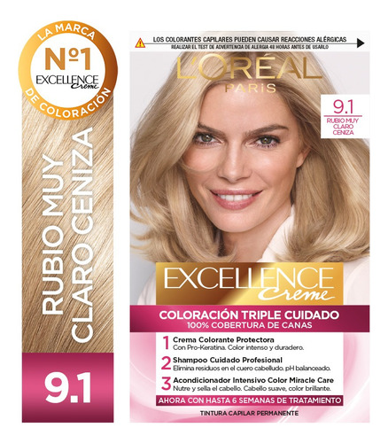 Kit De Coloración Permanente L'Oréal Paris Excellence Creme Tono 9.1 Rubio Muy Claro Ceniza