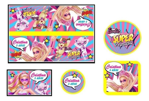Kit Imprimible Barbie Super Princesa Candy Bar Cotillon 2x1