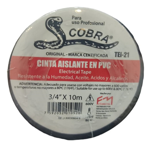 Tape O Cinta Electrica Vinil Negro 3/4x10m Cobra Fermetal