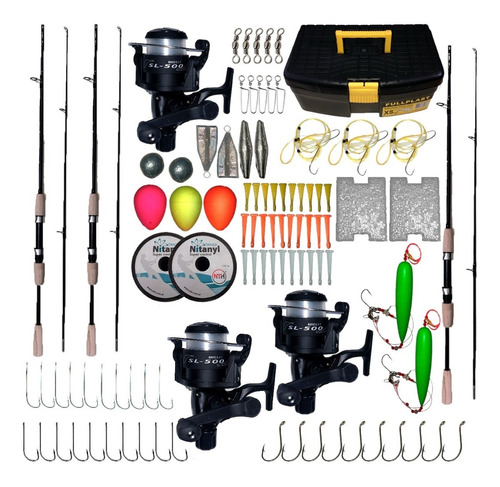 3 Kit Combo Equipo Completo Pesca Caña Maciza Reel Caja Acce