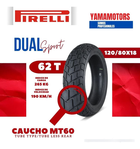 Caucho Moto Pirelli 120/80-18 Mt60 Tl/tt Rear Dual Sport 62t