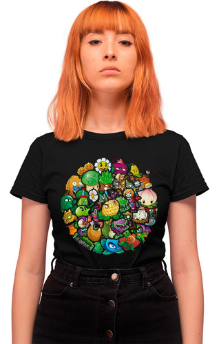 Panda Playera Negra Estampada De Plantas Vs Zombies