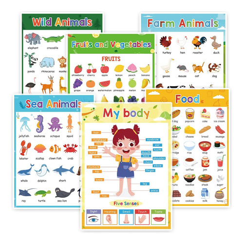 6 Piezas Juego De Póster Educativo De Animales/frutas/...