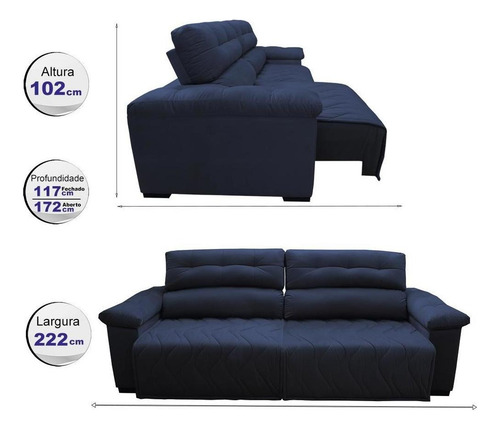 Sofá 2,22m Retrátil E Reclinável Cama Inbox Top Azul Desenho do tecido Liso