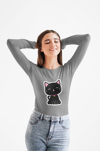 Polera Manga Larga Gato Gatito Lindo Negro Estampado Algodon